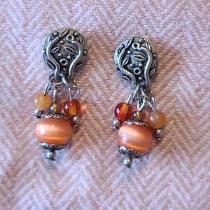 Silver Tone Orange Tigers Eye Beaded Dangle Post Earings